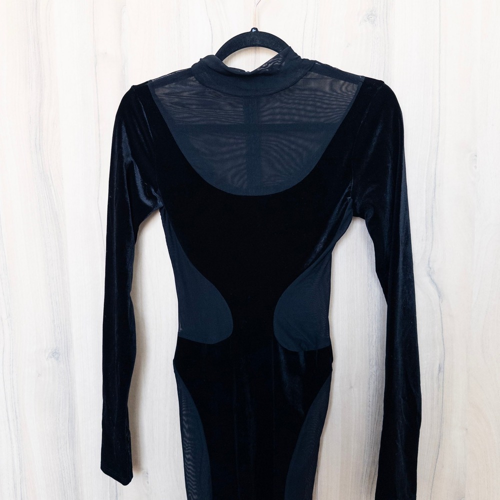 Naked Wardrobe Womens Velvet Bodycon Midi Dress S Black Mesh Long Sleeve Edgy - Picture 3 of 9